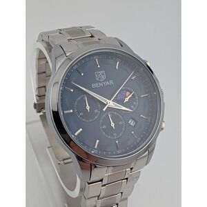 Benyar Chronograph Watch Mens 43mm‎ Blue Dial Date BY-5160M New Battery 7"